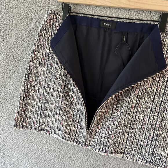 Theory Skirt 6 Small Mini Tweed Knit Raw Hem Exposed Zip Black White Red Boho - Picture 5 of 14